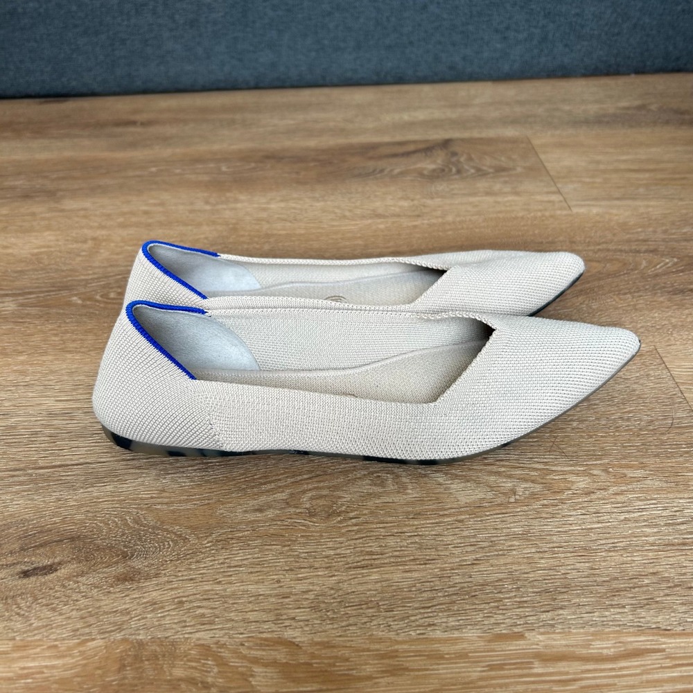 Rothys The Point Sand Beige Knit Pointed Toe Flats Blue Halo Tortoise Sole W9